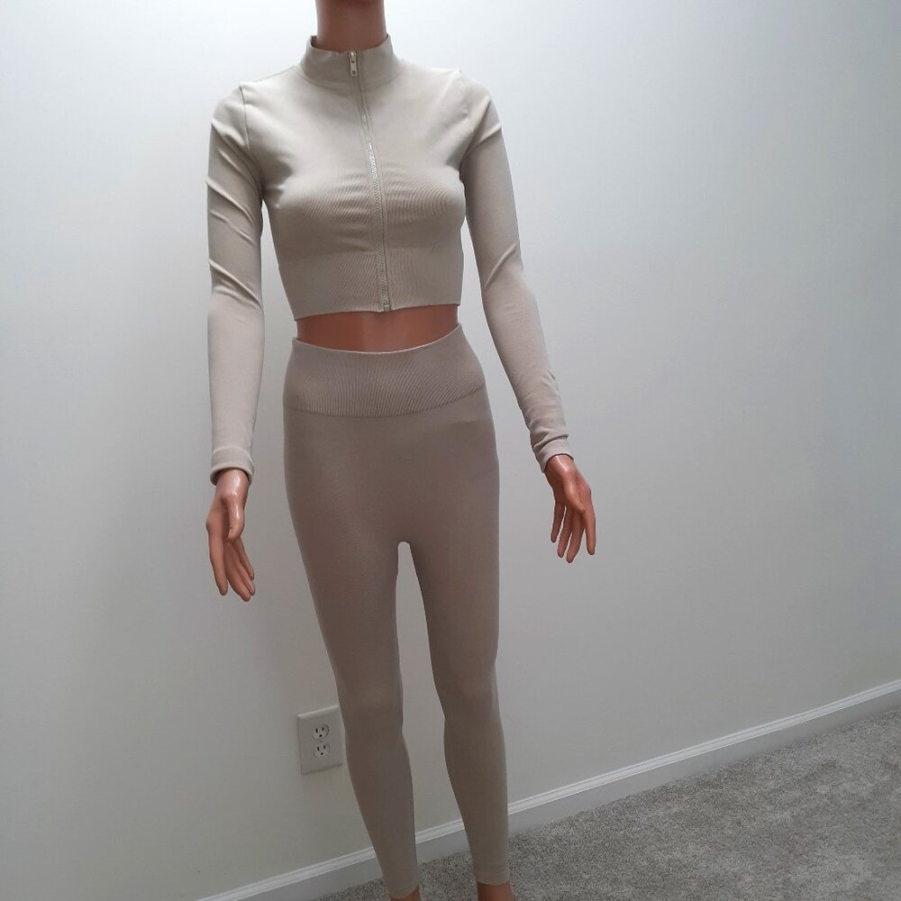 PrettyLittleThing Taupe Ribbed Detail Cropped Sports Jacket and Leggings Outfit